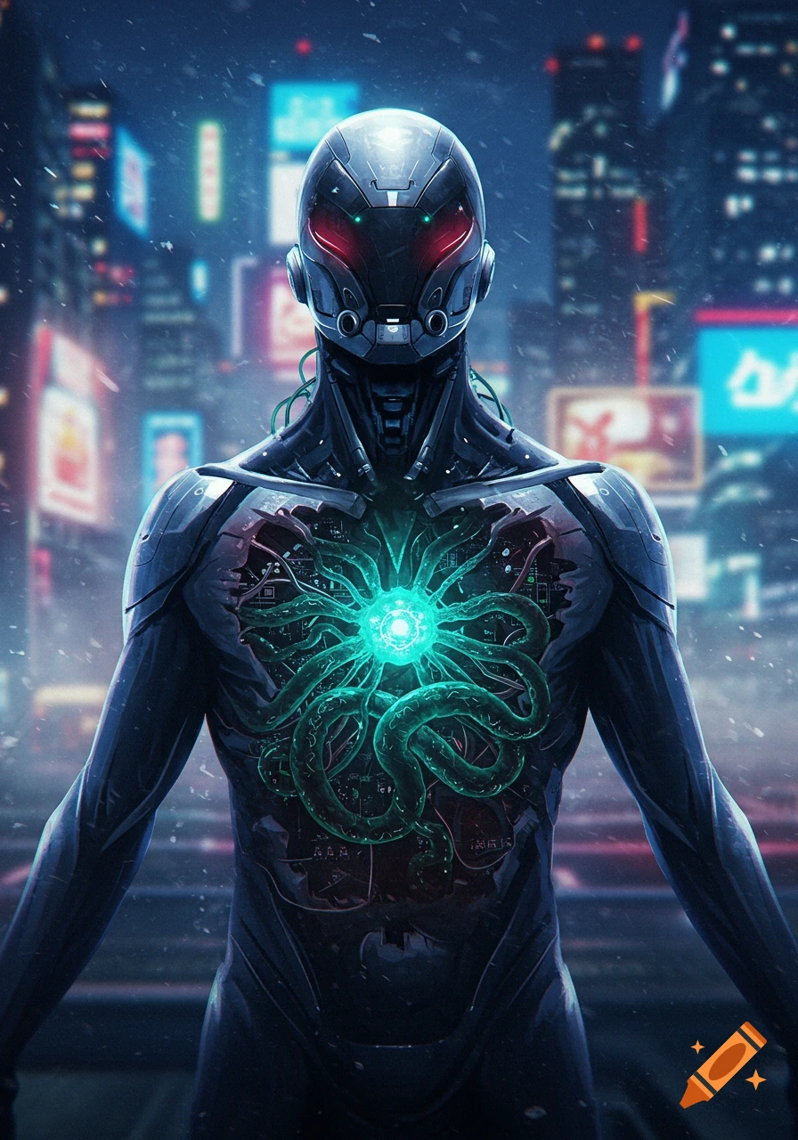A sleek, dark cybernetic being with glowing red eyes and a bright green, tentacled core exposed in its chest stands in a futuristic, neon-lit city at night.