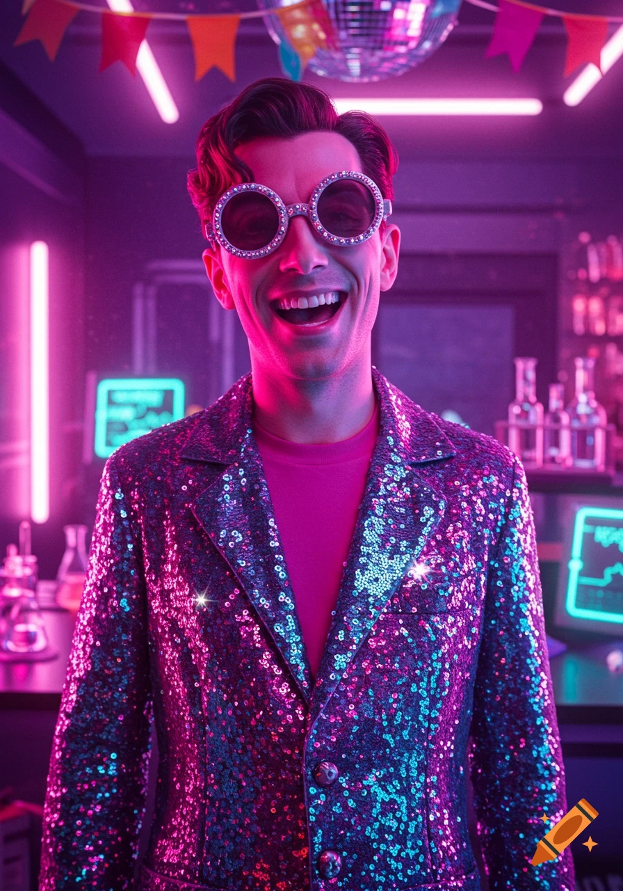 A man with round sequined glasses and a sparkly purple jacket smiles brightly in a neon-lit bar with a disco ball.