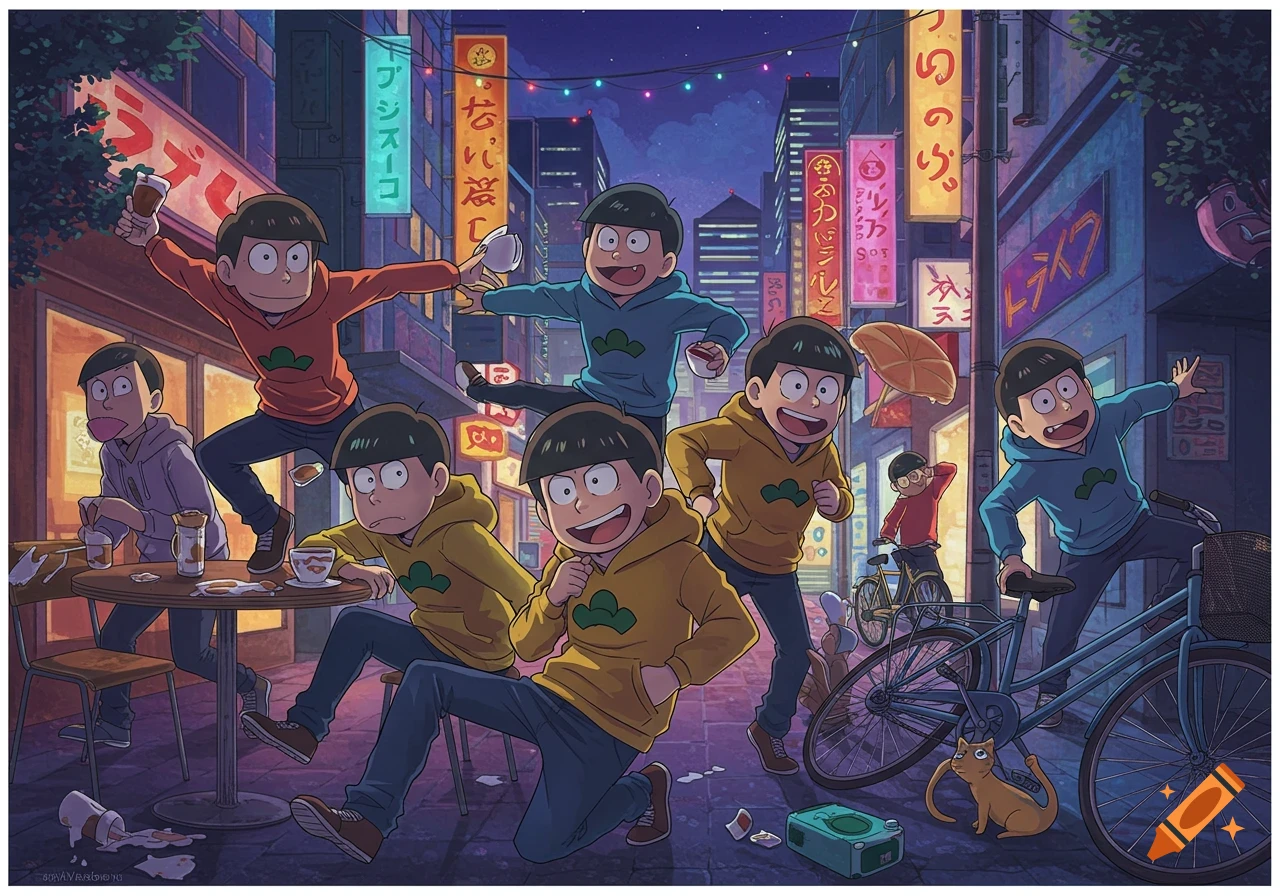 An anime-style illustration of several identical-looking young men in various colored hoodies running and interacting on a city street at night, with neon signs and buildings in the background.
