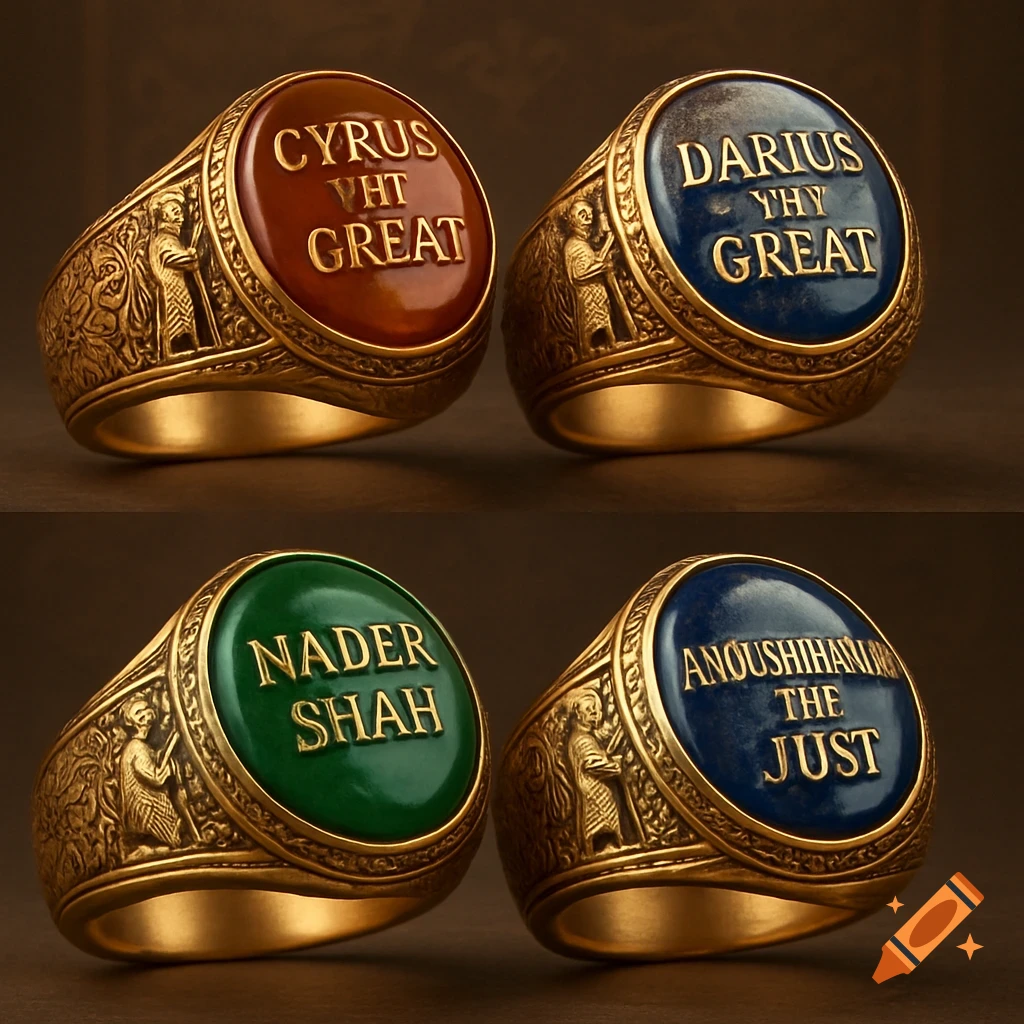 Four ornate golden rings with large oval gemstones in red, blue, and green, each engraved with names like 'CYRUS VHT GREAT' and 'DARIUS THY GREAT'.