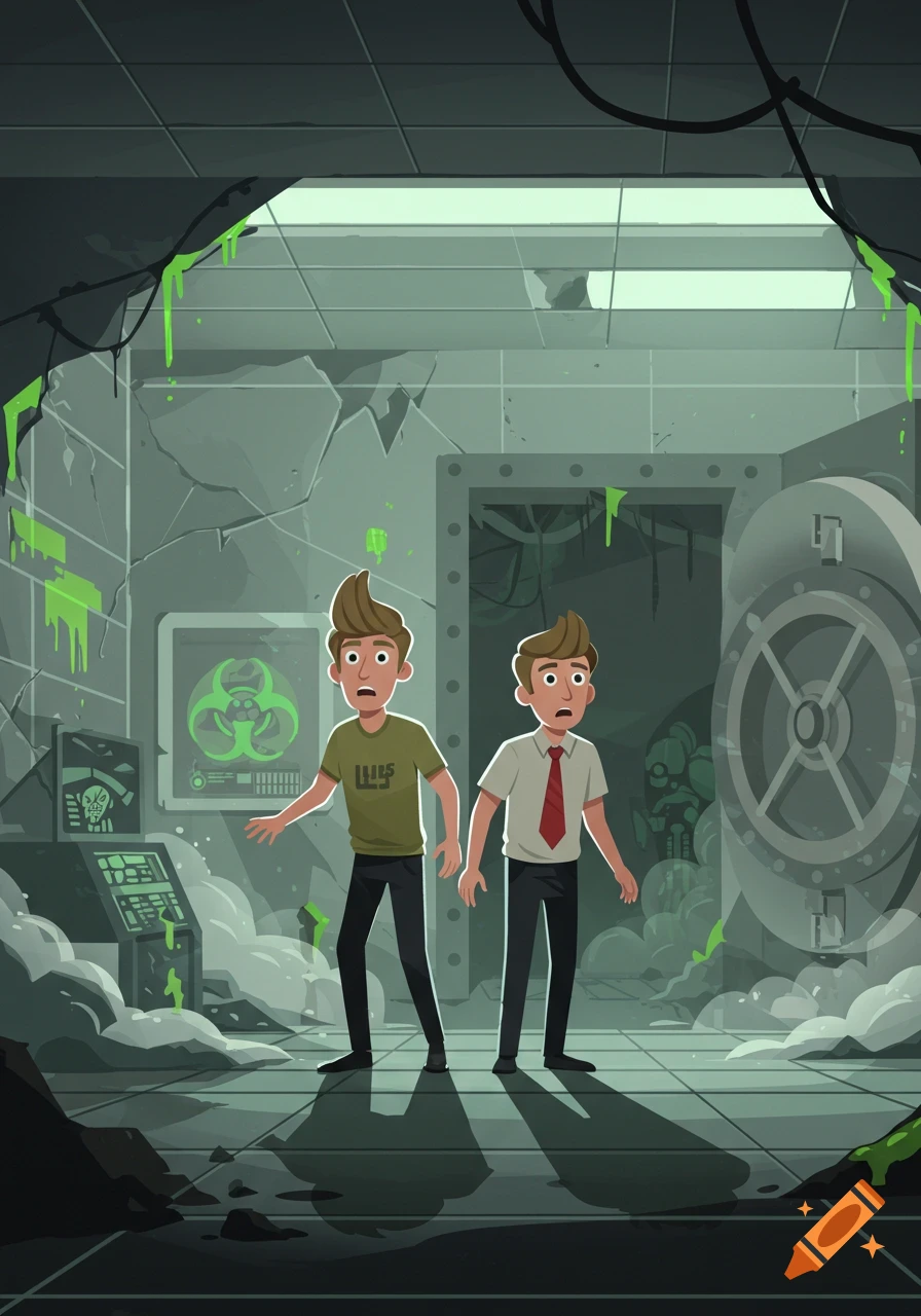 Two cartoon men look surprised and scared in a destroyed, slime-covered lab with a biohazard symbol on a screen. A vault door is open to a dark, ominous passage.