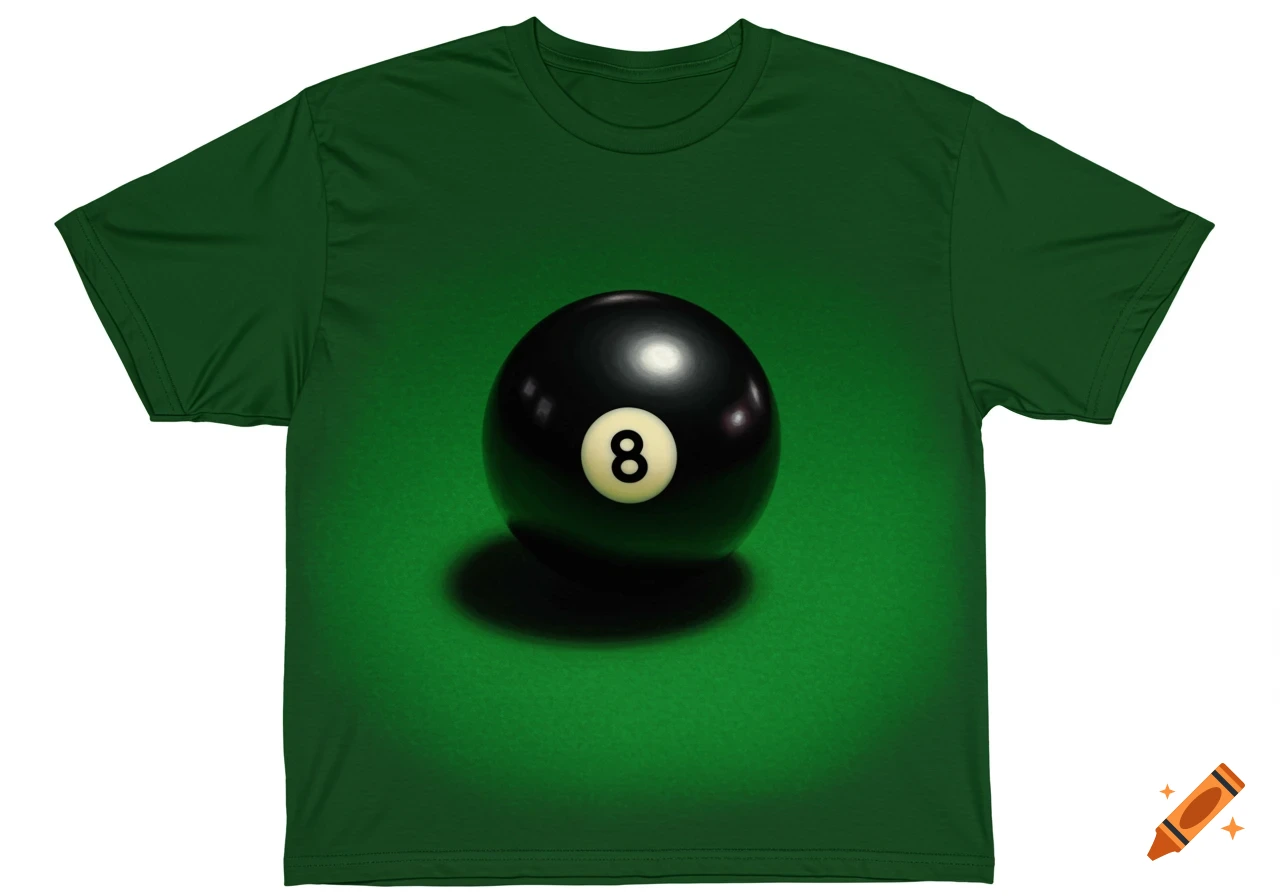 A dark green t-shirt features a large, photorealistic graphic of a black 8-ball billiard ball with the number 8 on it, centered on the front.