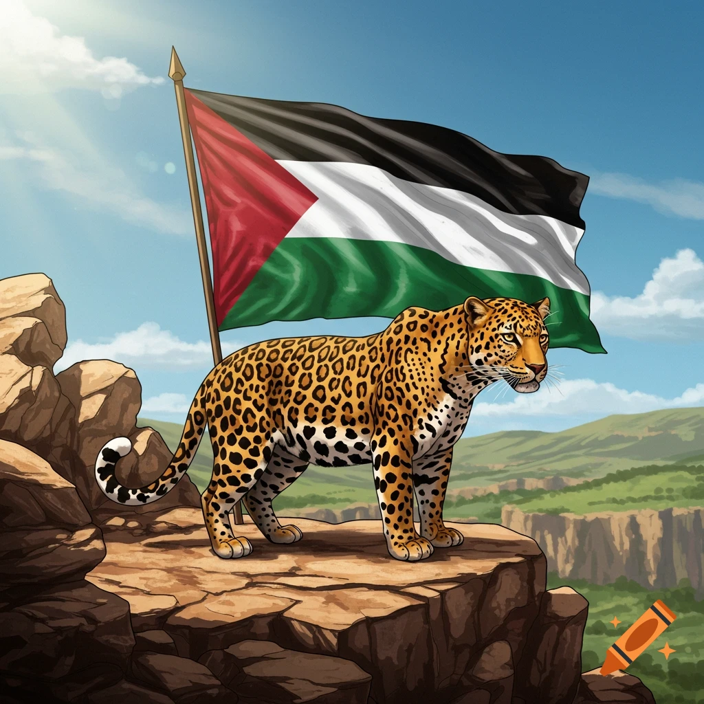 An illustration of a leopard standing on a rocky outcrop with the Palestine flag waving behind it under a sunny sky.