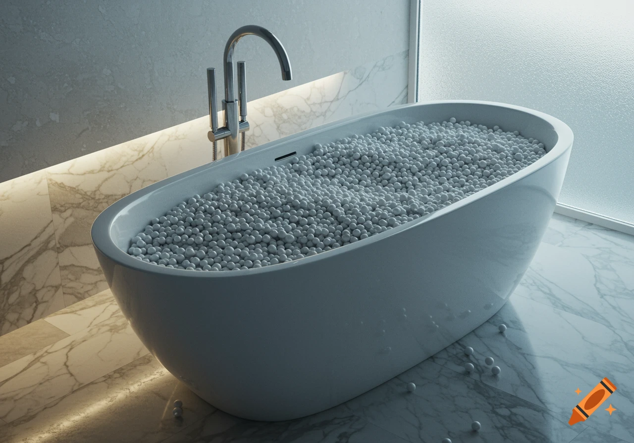 A modern white bathtub filled with numerous small white plastic spheres in a bathroom with marble walls and floors.