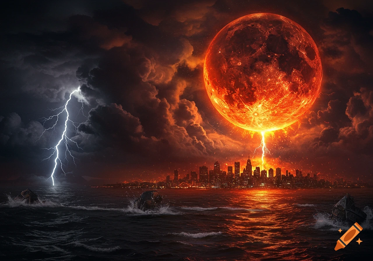A giant glowing red moon illuminates a dark stormy cityscape and turbulent sea, with lightning striking the water.