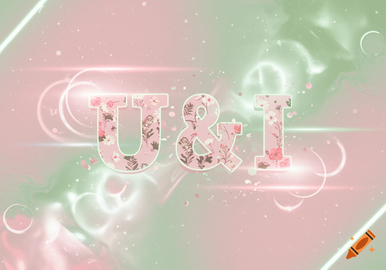 Large pink and green floral 'U & I' text with light effects on a pastel pink and green background.