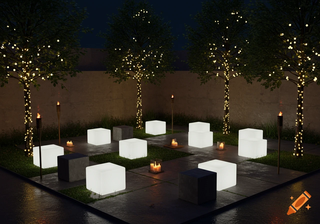 An illuminated outdoor courtyard at night with trees wrapped in fairy lights, tiki torches, and glow-cube seating.