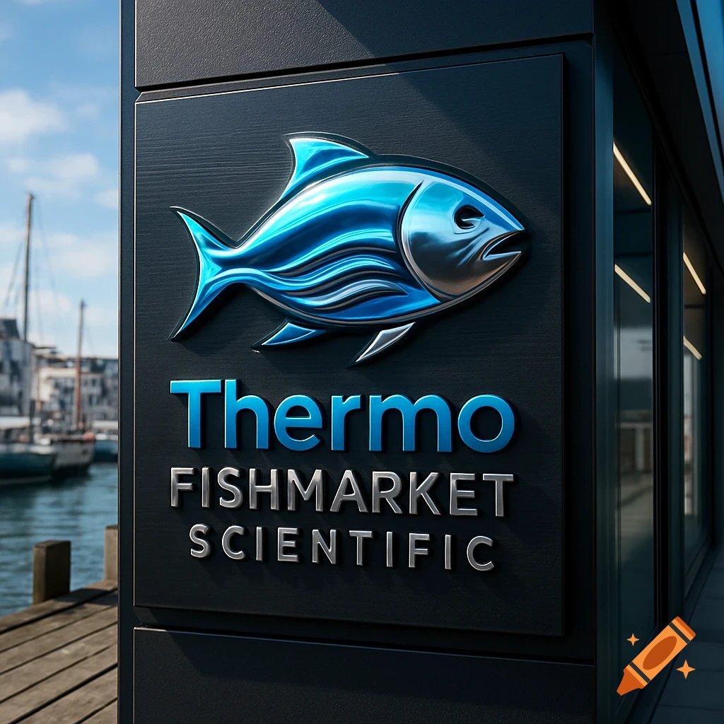 A black sign with a blue metallic fish logo and the words 'Thermo FishMarket Scientific' in blue and silver, by a pier.