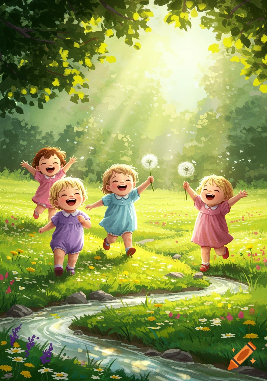 Four happy toddlers playing in a sunny meadow with a stream and flowers, holding dandelions, in a bright cartoon style.