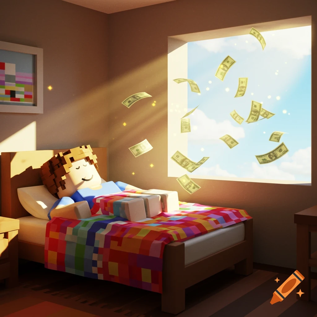 A blocky Roblox-style character sleeps peacefully in bed under a colorful blanket as dollar bills float down from the sky outside the window.