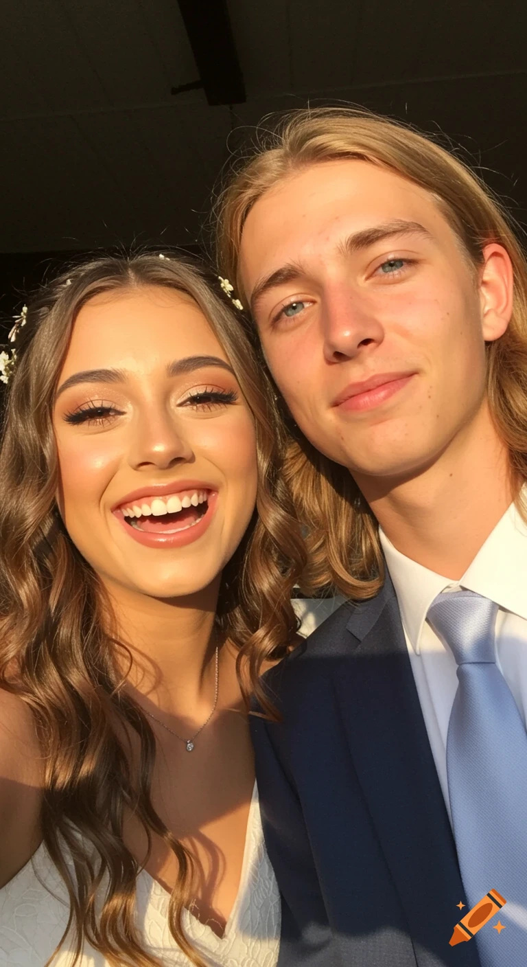 A young couple smiles brightly in a sunlit selfie. The girl has long wavy brown hair, and the boy has long blonde hair.