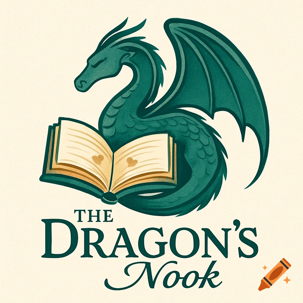 A teal dragon curled around an open book with hearts on its pages, below the text "THE DRAGON'S Nook" in serif and script fonts.