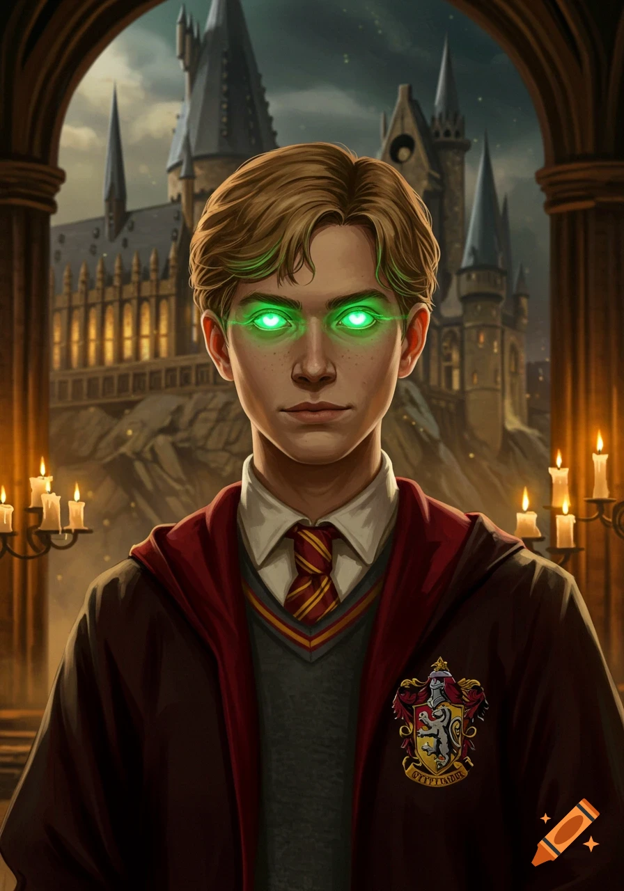 A young student with glowing green eyes in a Gryffindor uniform stands in front of Hogwarts castle at night.