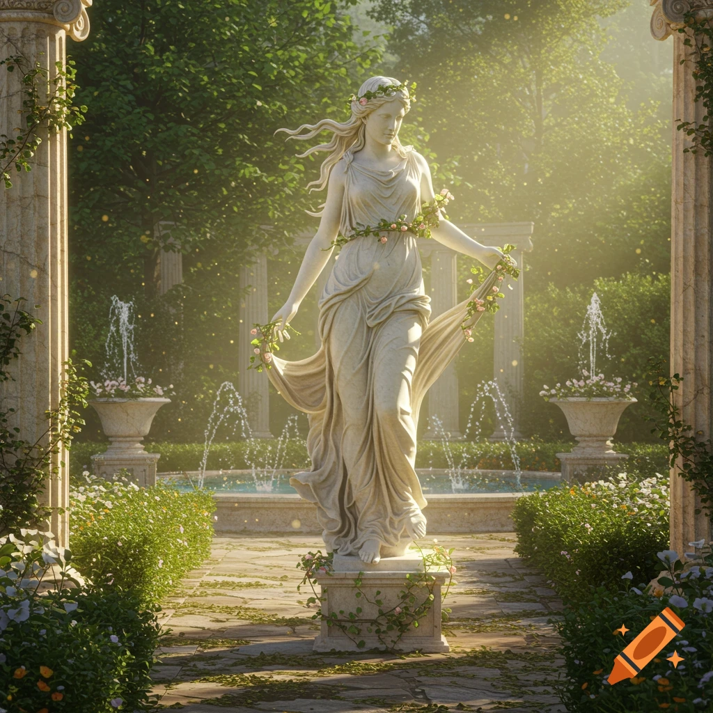 A classical marble statue of a woman adorned with flowers stands in a sunlit garden with fountains and overgrown pillars.
