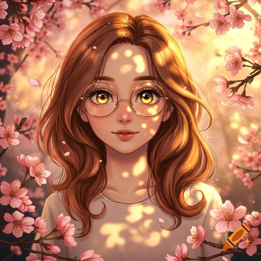Anime portrait of a girl with golden brown hair and eyes, wearing glasses, surrounded by pink cherry blossoms in soft light.