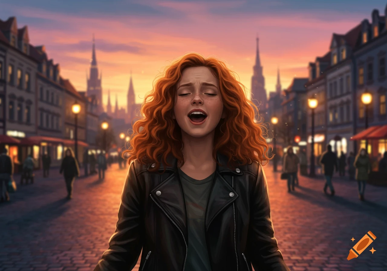 Illustration of a red-headed girl with eyes closed, singing on a city street at sunset, wearing a leather jacket.
