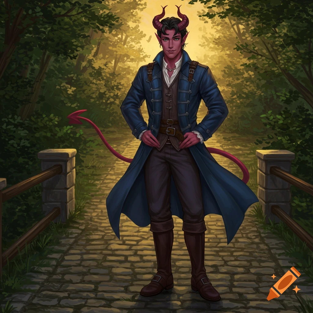 A handsome, pale-skinned tiefling man with red horns and a spade tail stands on a cobblestone path in a sun-dappled forest, wearing a blue long coat and adventuring clothes.