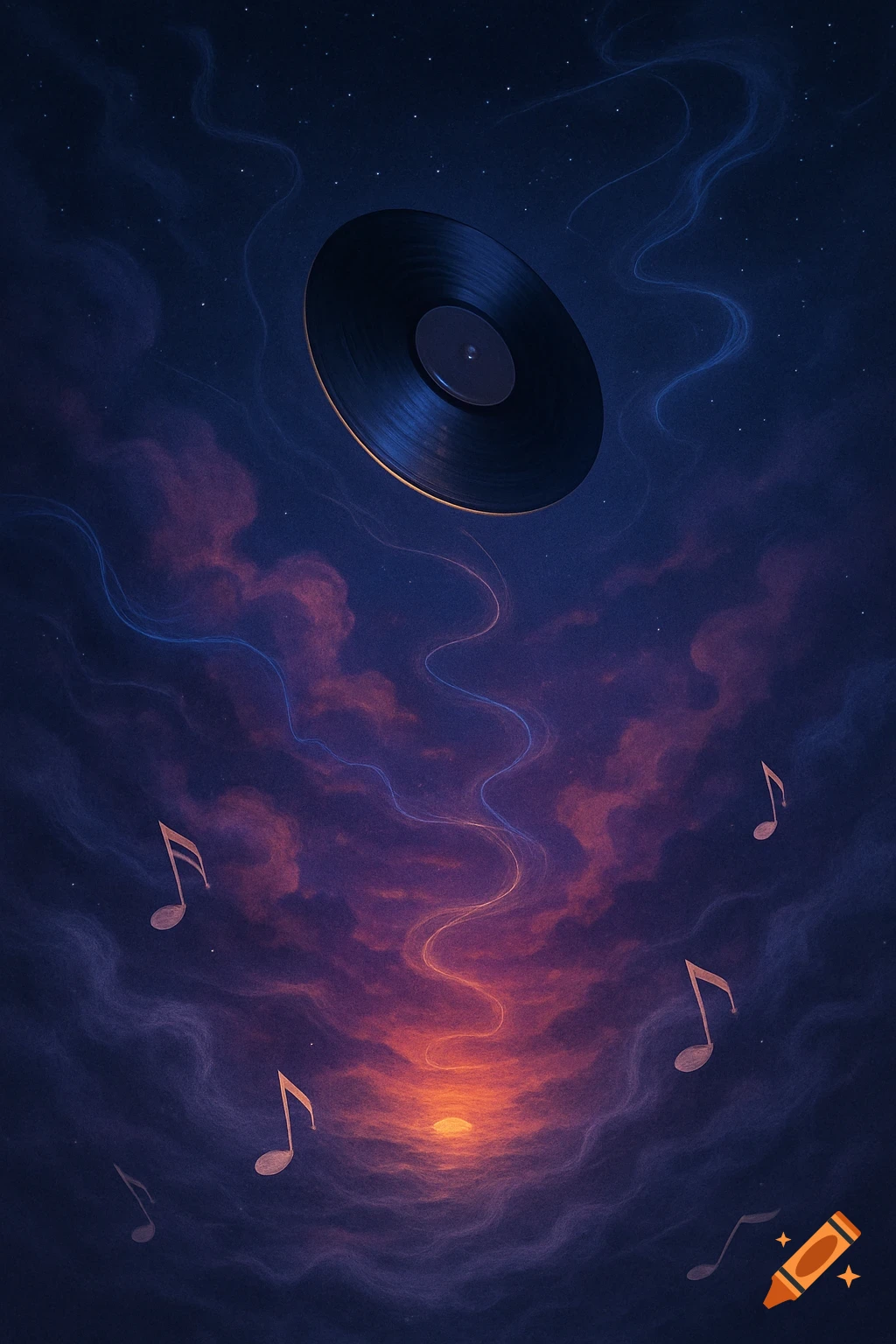 A vinyl record floats in a dark, starry sky with purple and orange clouds, surrounded by glowing musical notes and wavy lines.