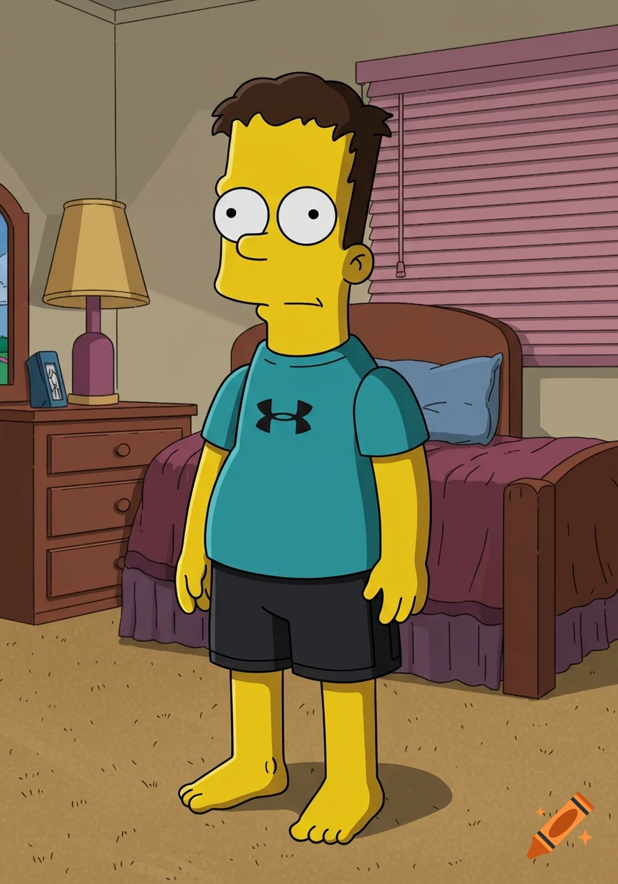 A young character in Simpsons style, with yellow skin and brown hair, wearing a teal Under Armour t-shirt and black shorts, standing in a bedroom.