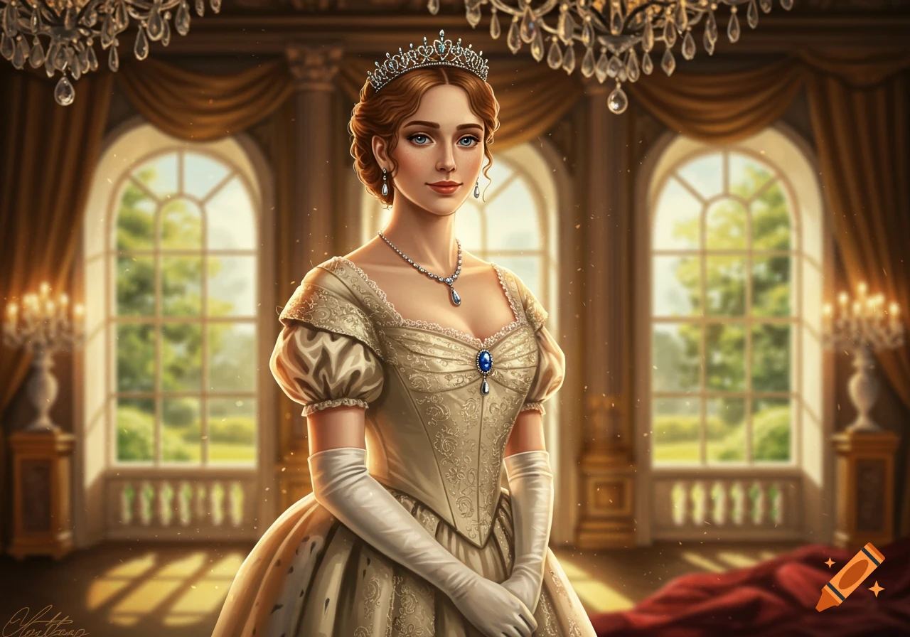 A young princess in a white ball gown with a crown and necklace stands in a grand hall.