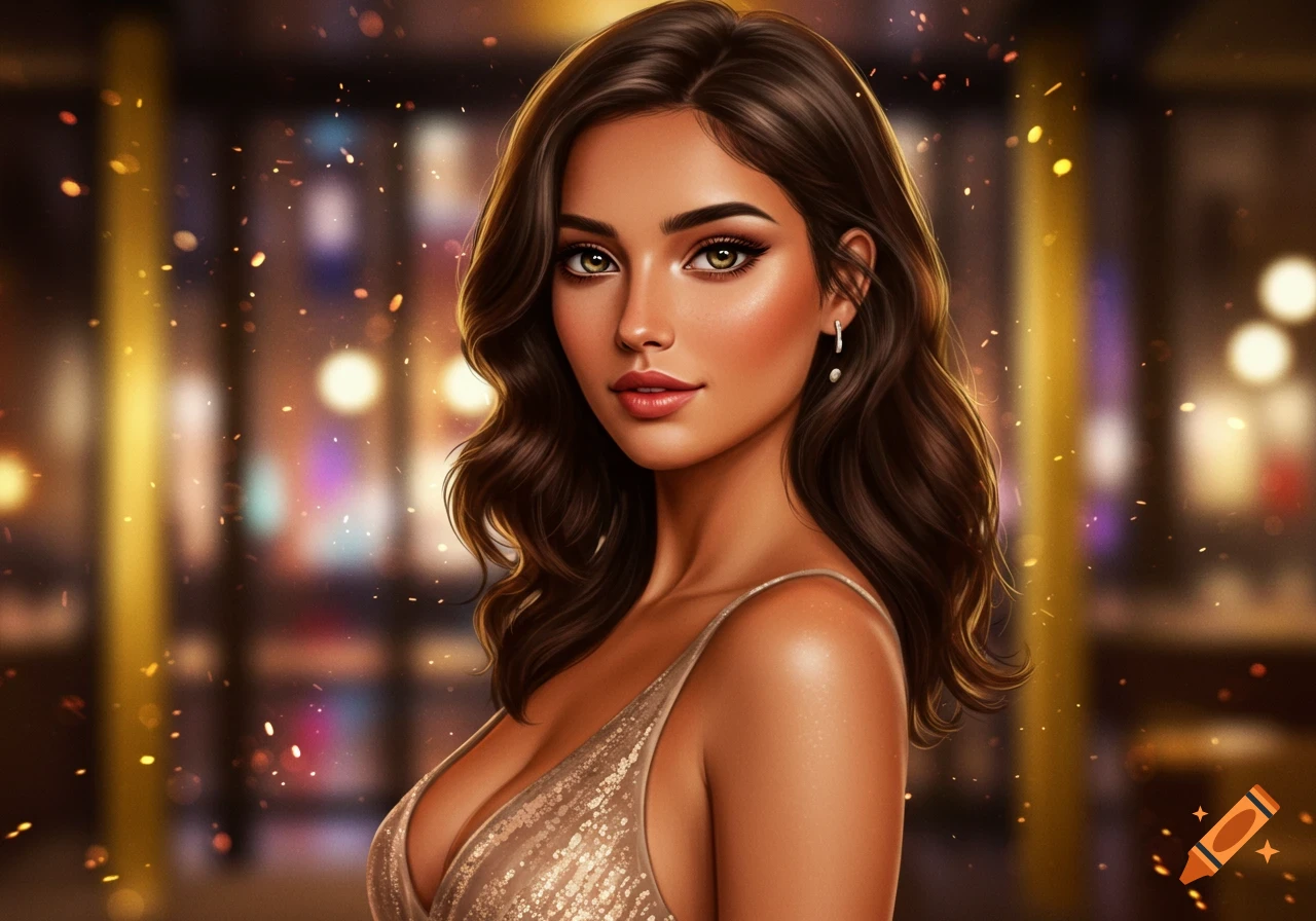 Digital art portrait of a glamorous woman with brown hair and hazel eyes wearing a sparkling gold dress, with bokeh lights in the background.