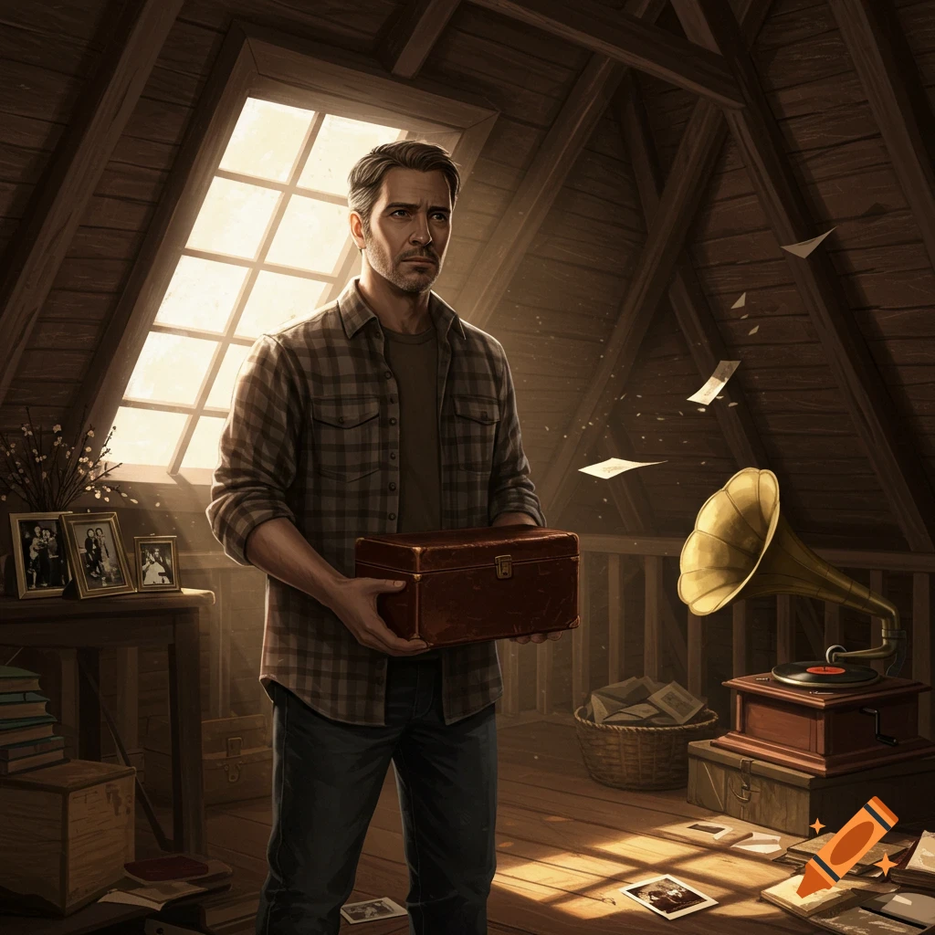 A man with a pensive expression holds a wooden box in a sunlit, dusty attic filled with vintage items and scattered papers.