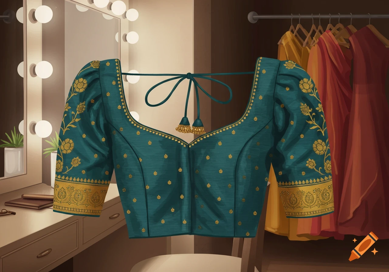 A vibrant teal Indian blouse with intricate gold embroidery and puff sleeves hangs in a dressing room, with a mirror and clothes rack in the background.