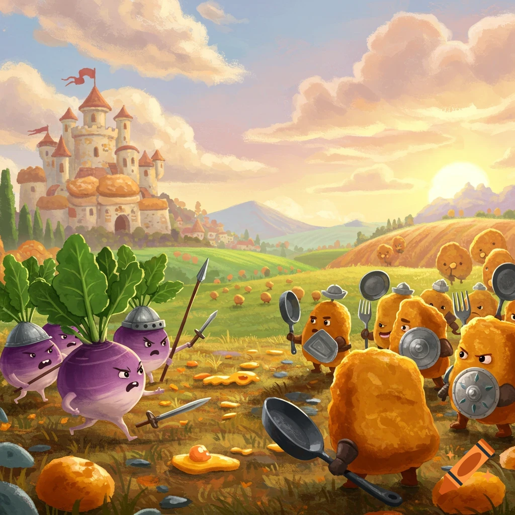 A whimsical illustration of a turnip army with weapons clashing against a chicken nugget army with kitchen tools, in a field with a castle at sunset.