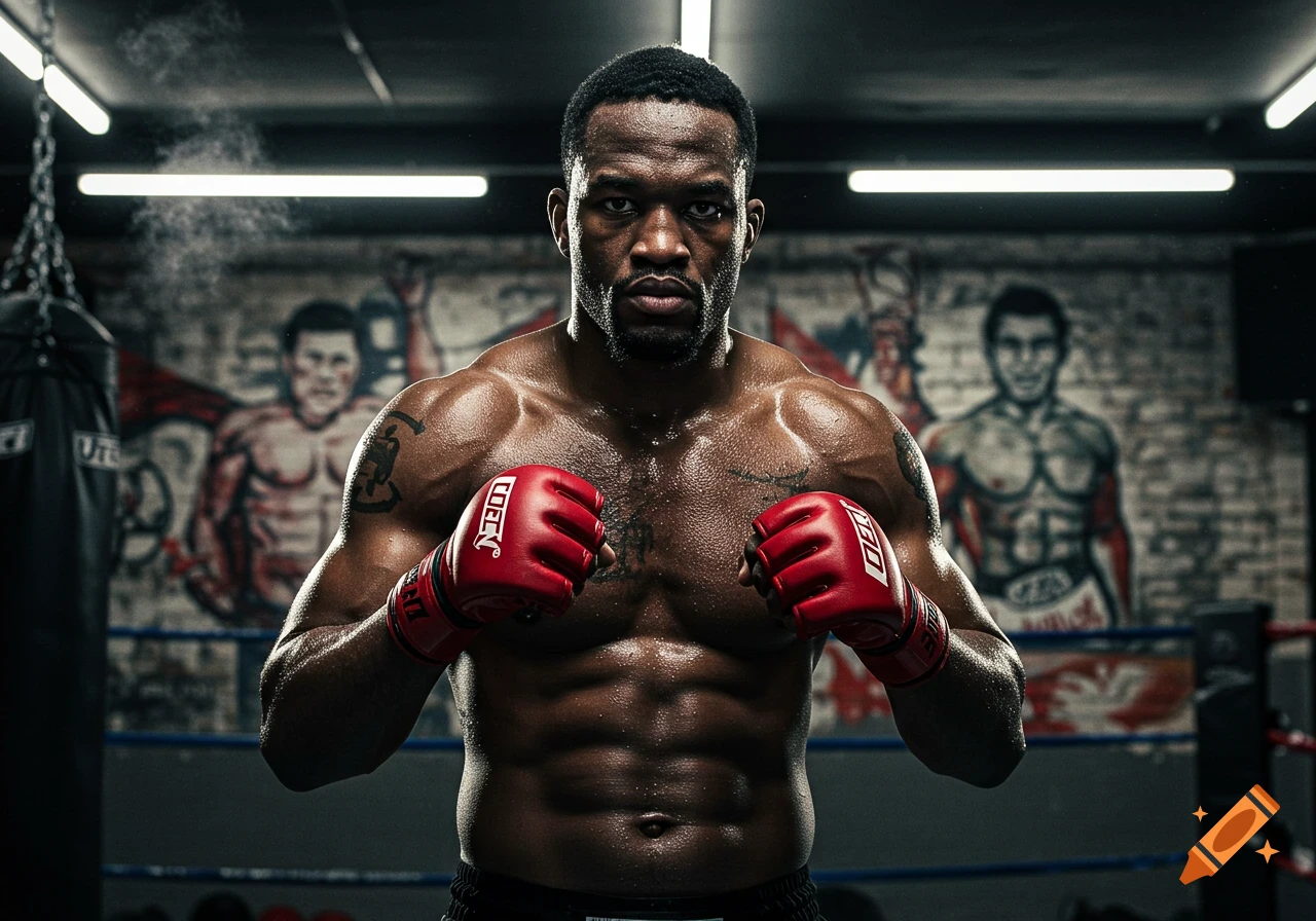 A muscular Black male boxer in red gloves stands intensely in a dark, gritty gym with blurred murals and a punching bag, sweat glistening on his skin. Photorealistic style.