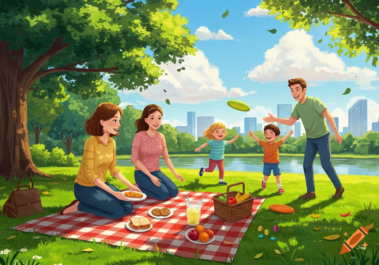 Vibrant illustration: a family enjoys a picnic in a sunny park with a lake and city skyline. Parents play frisbee with children.