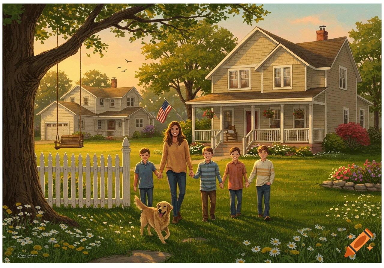 An illustration of a mother, four sons, and a golden retriever walking in front of a house with a white picket fence on a sunny day.
