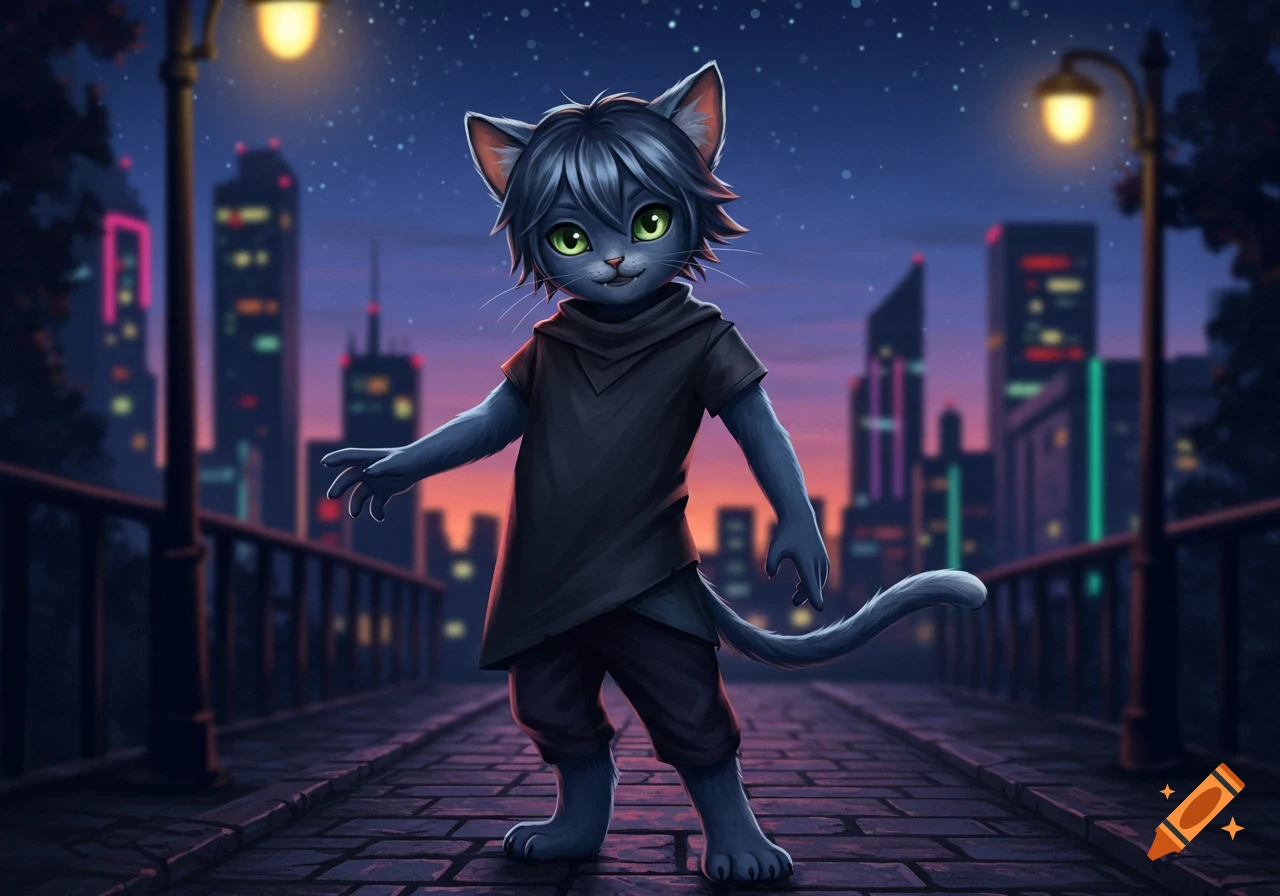 A stylized cat-like character with green eyes and dark hair, wearing dark clothes, stands on a stone path at night with a city skyline in the background.