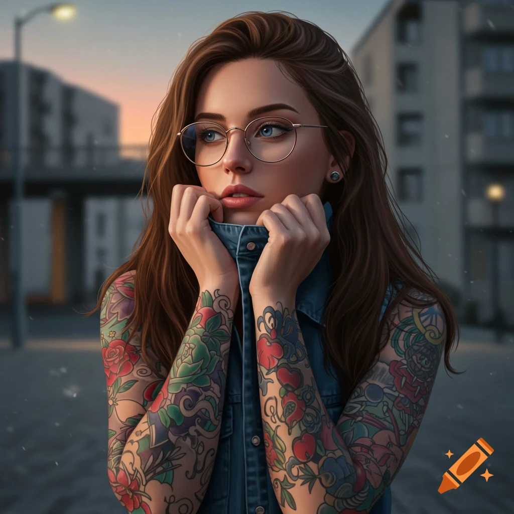 A young woman with long brown hair, blue eyes, and glasses, wearing a denim top and full sleeve tattoos, stands outdoors at dusk.