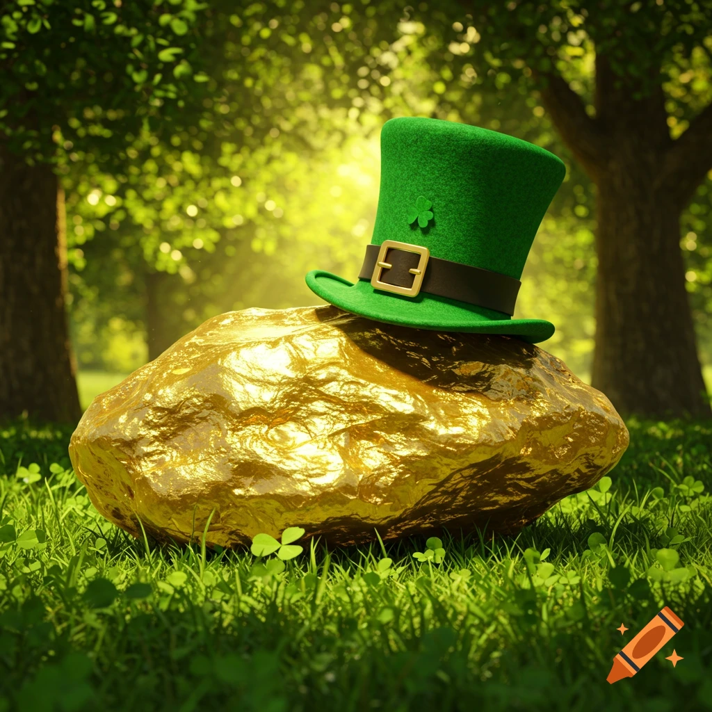 A vibrant green leprechaun hat rests on a large, glistening gold nugget in a sunlit forest with clovers.