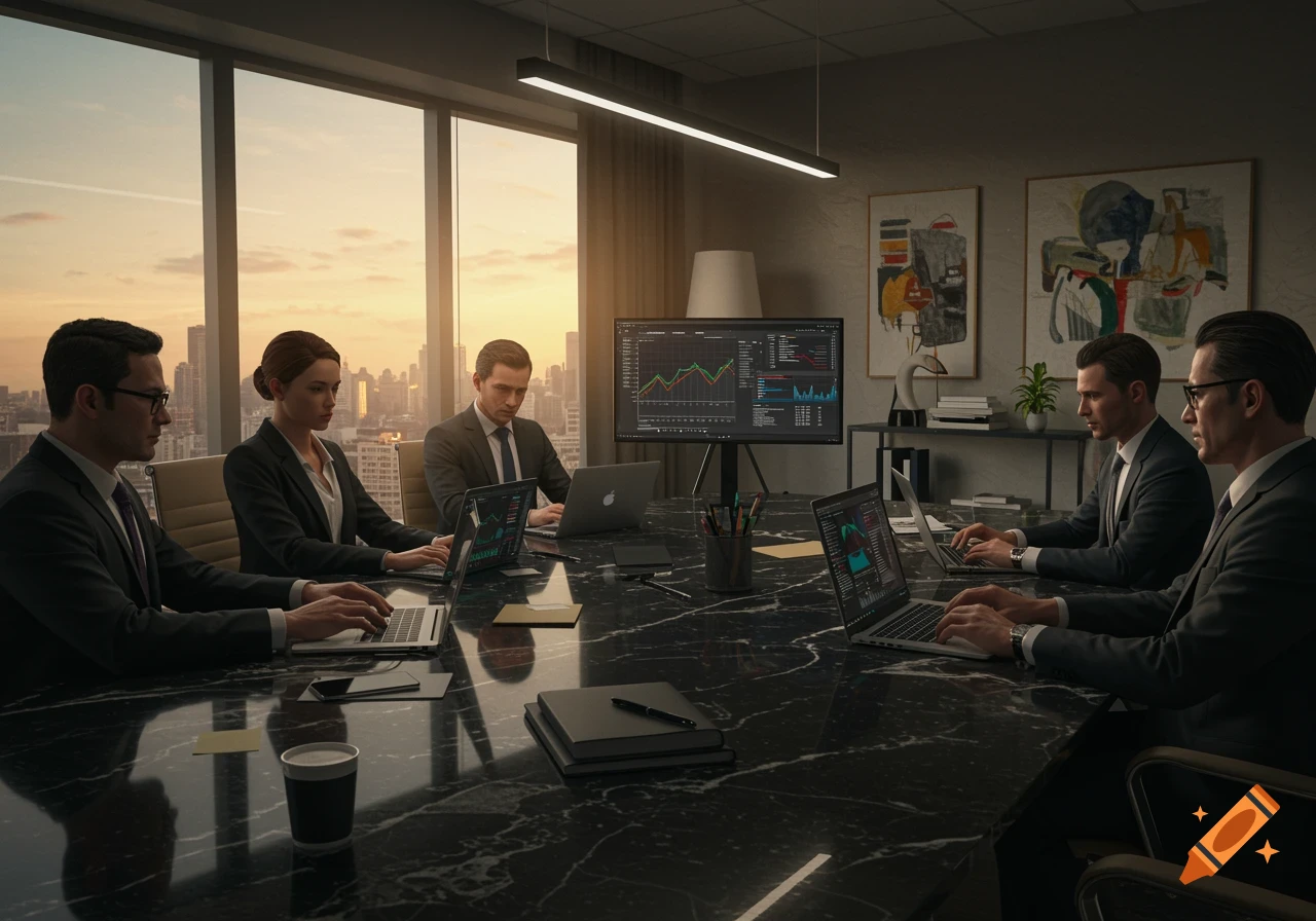 Photorealistic image of consultants in a modern office meeting room with city views at sunset.