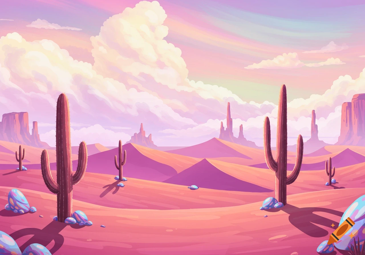 A flat color painting of a surreal psychedelic desert with pink sand, large cacti, and distant rock formations under a pastel sky.