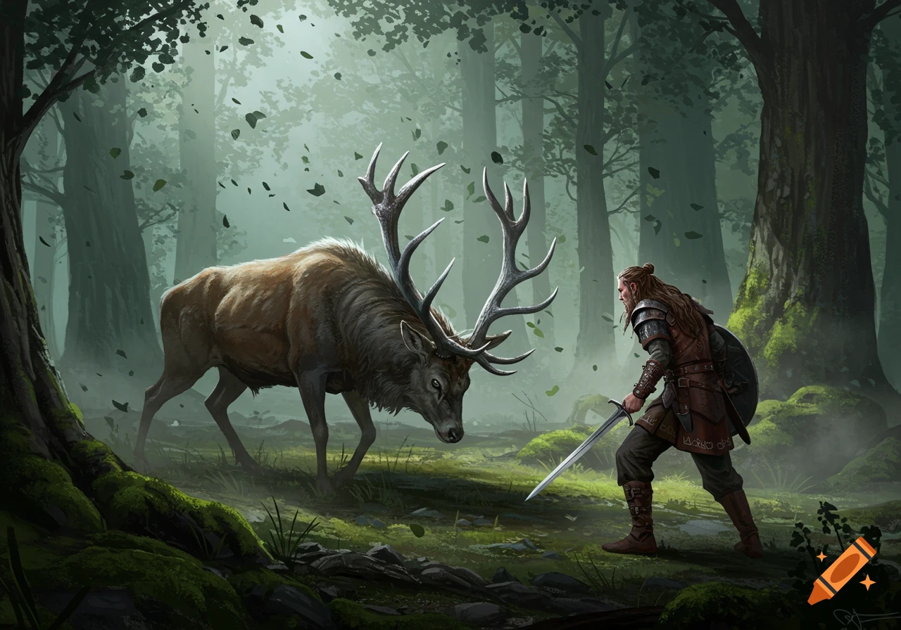 A man in armor holds a sword, confronting a large deer with antlers in a misty, mossy forest.