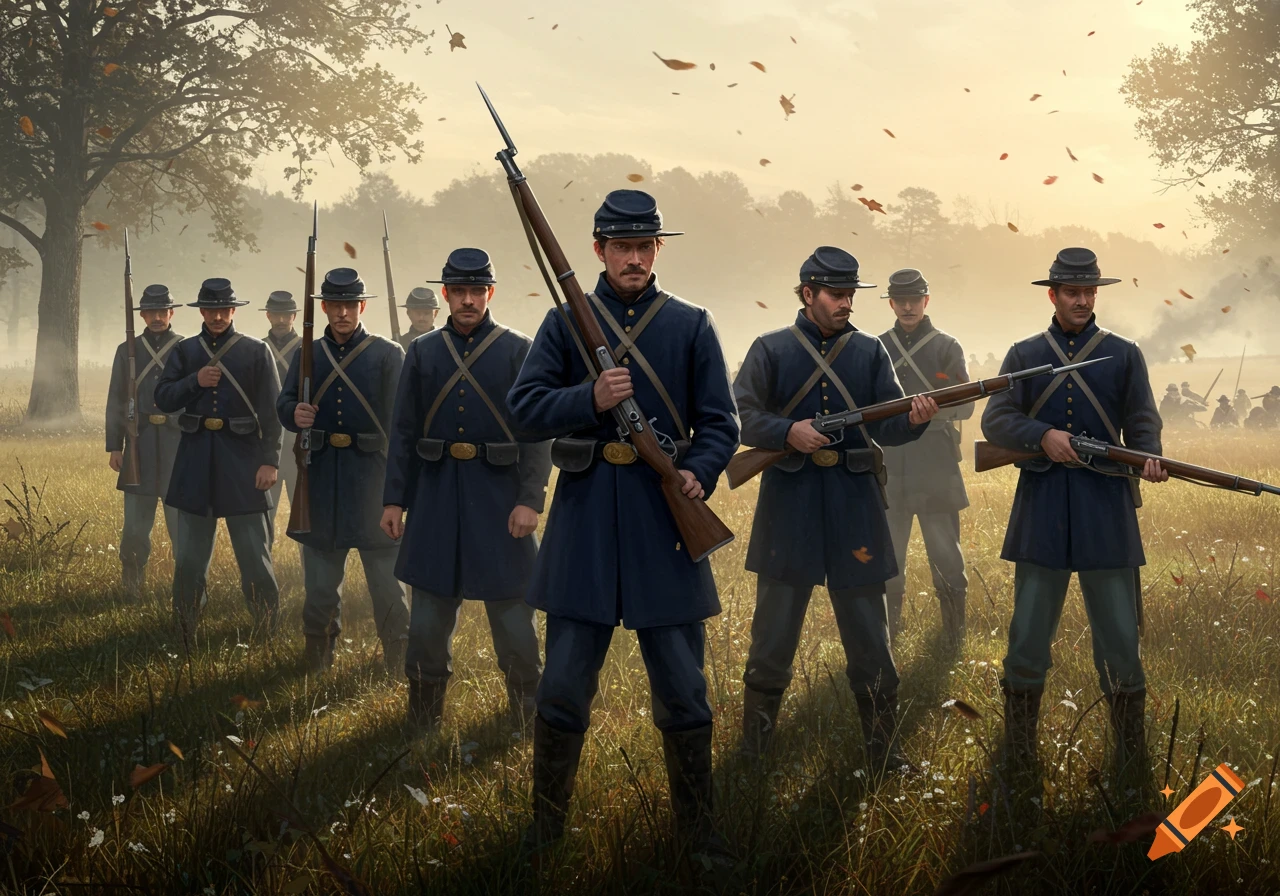 Photorealistic image of Union soldiers in uniform, armed with rifles, standing in a field at sunset with autumn leaves falling.