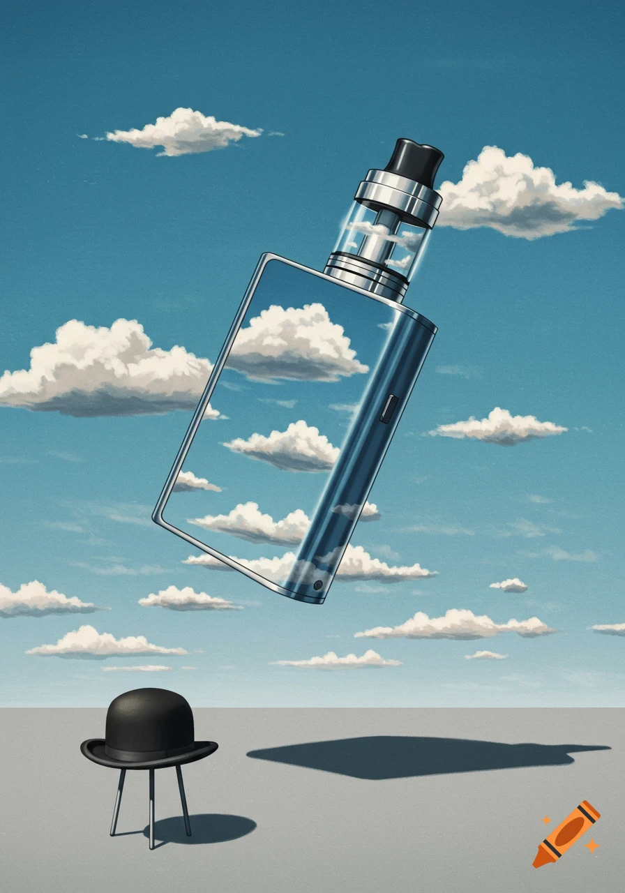 A surreal image of a large vape floating in a blue sky with clouds, casting a shadow near a black bowler hat with legs, in the style of Ren\u00e9 Magritte.