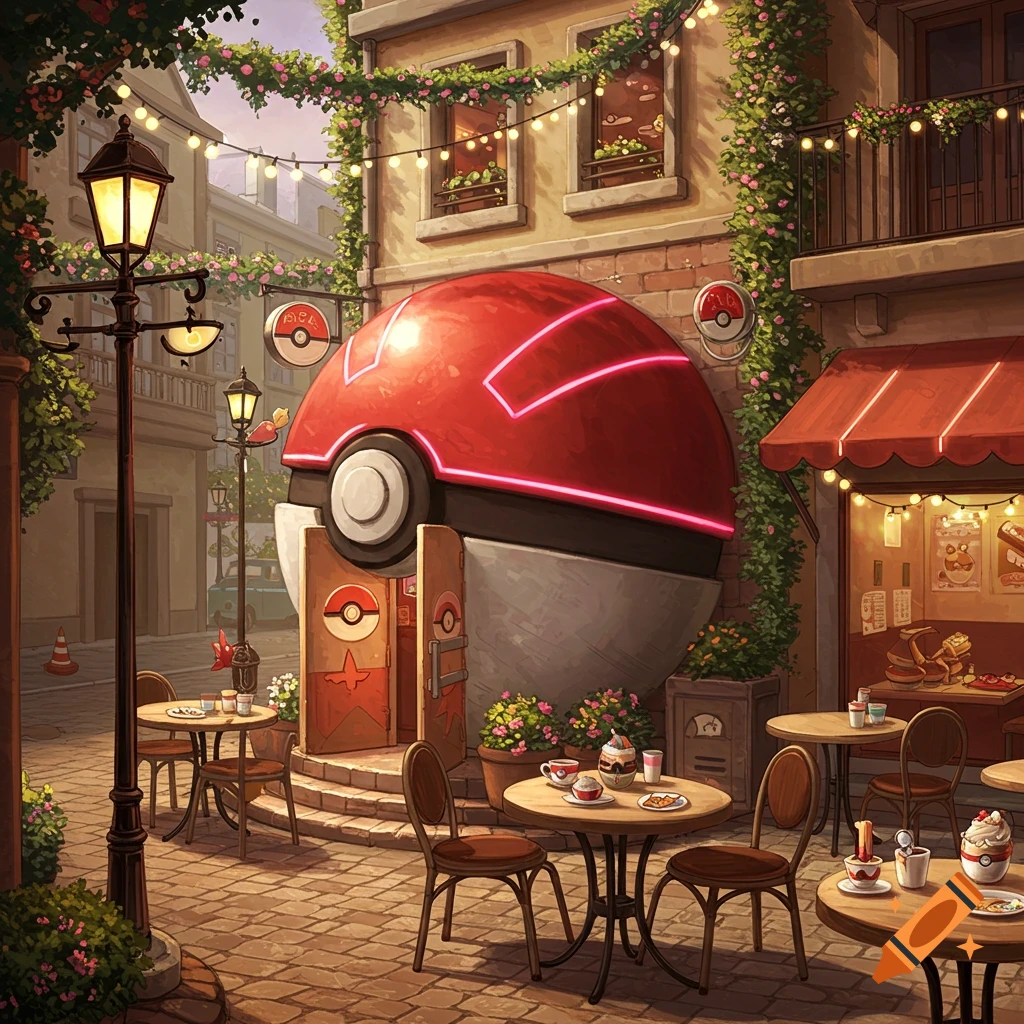 An outdoor cafe with tables and chairs on a cobblestone street. The main building is a large, open Pokeball, surrounded by ivy and string lights, in an anime style.