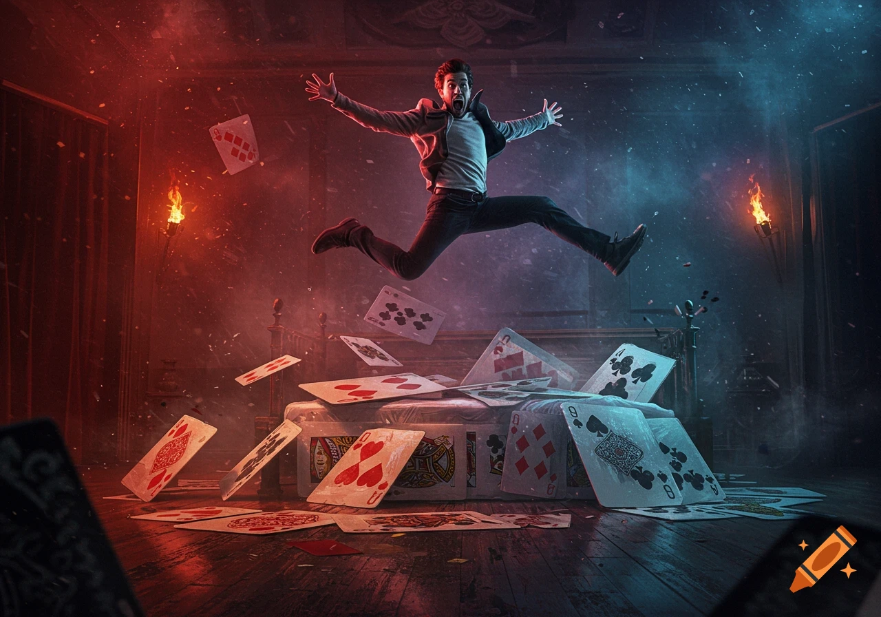 A man in mid-air, jumping excitedly over a bed made of giant playing cards, in a dramatically lit room with scattered cards and torches.
