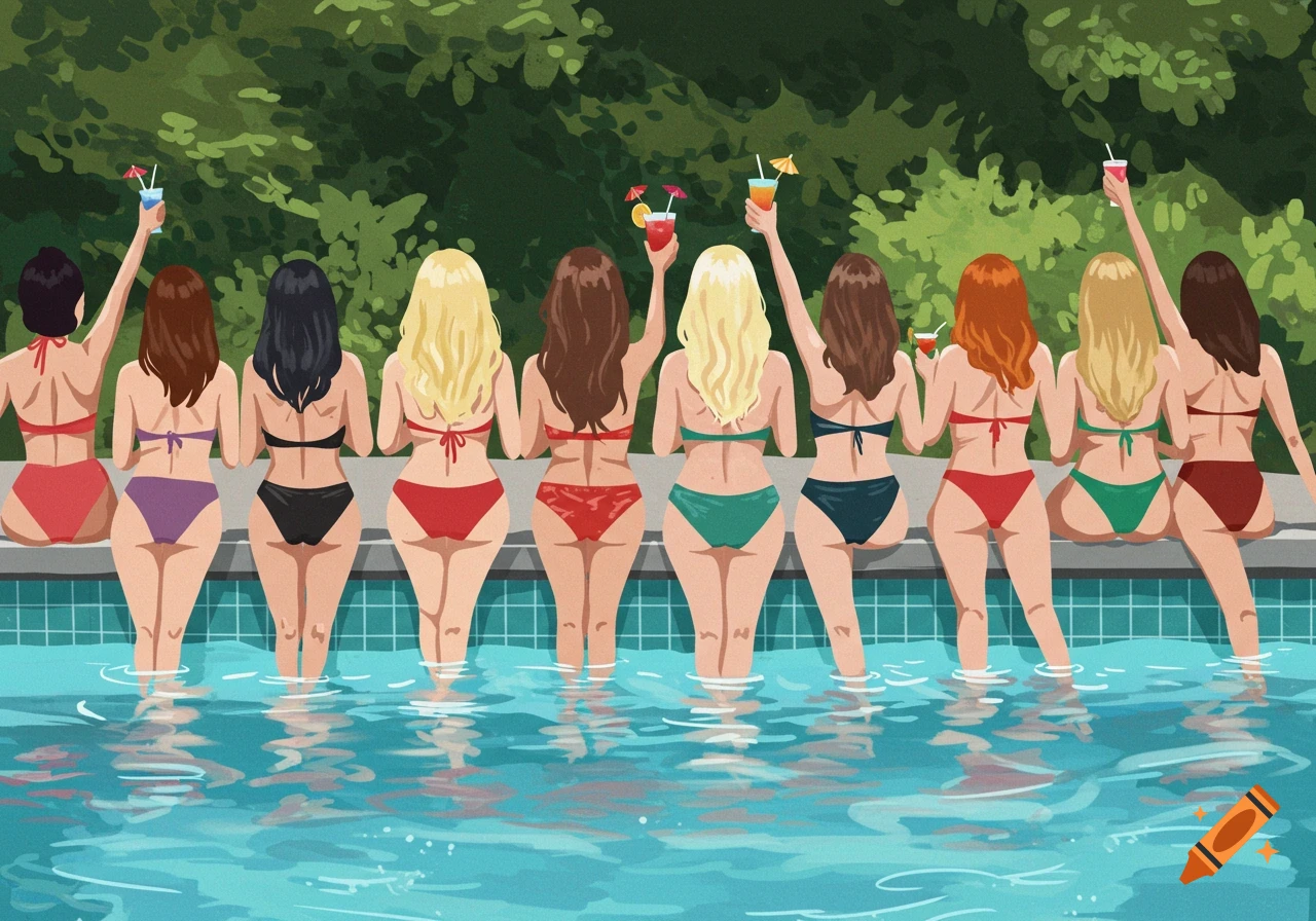 Illustration of ten women in swimsuits sitting on the edge of a pool with their feet in the water, holding drinks, viewed from behind.