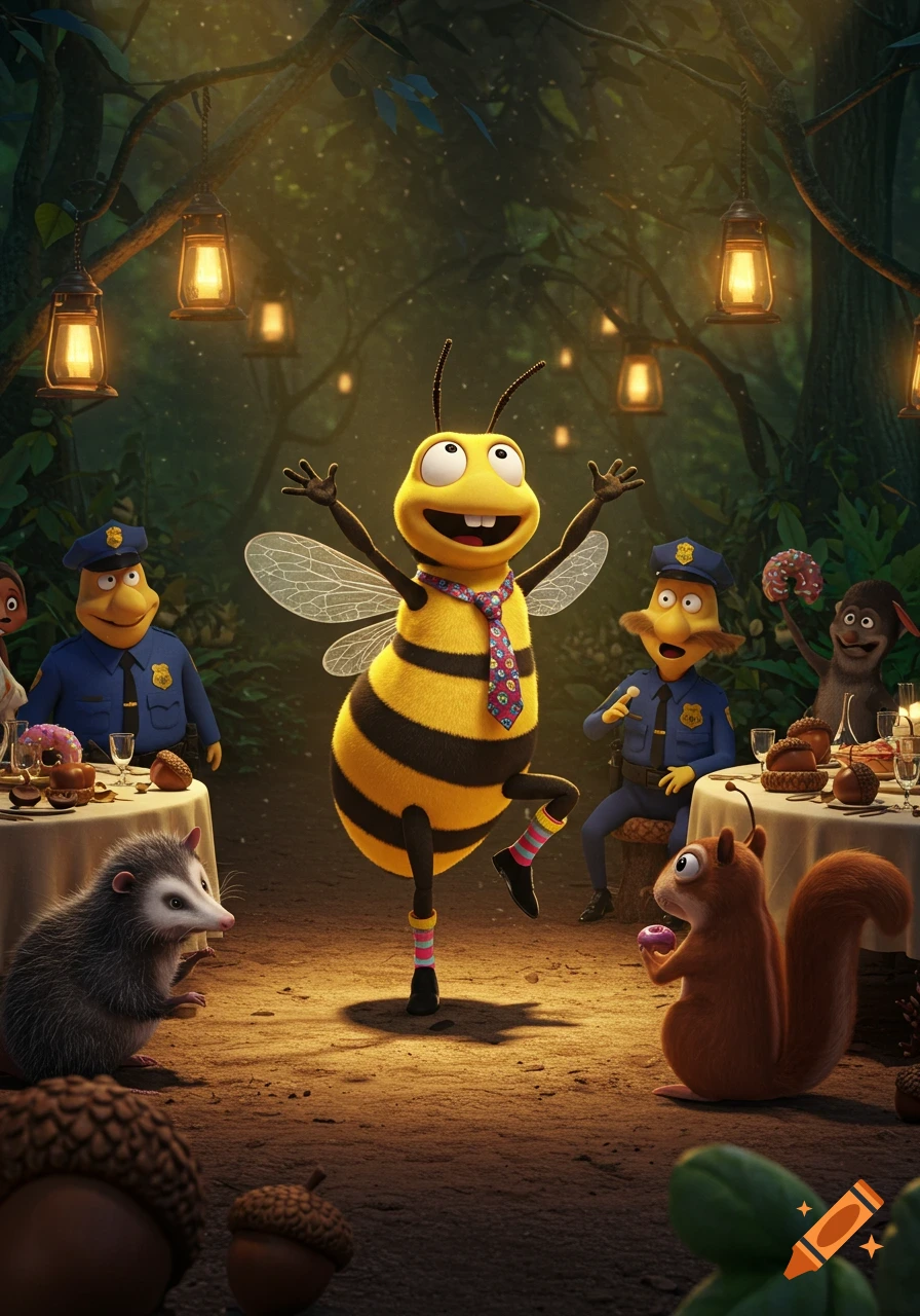 A cartoon bee in a tie and mismatched socks dances at a woodland banquet. Police bees, a possum, and a squirrel watch in a whimsical forest scene with lanterns.