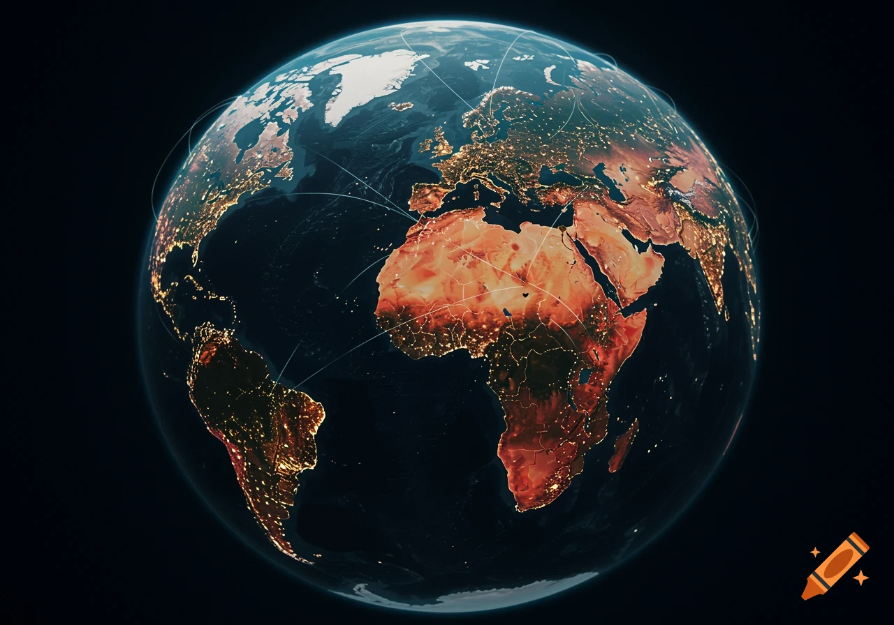 Detailed photorealistic image of Earth from space at night, showing bright city lights across continents and faint network lines.