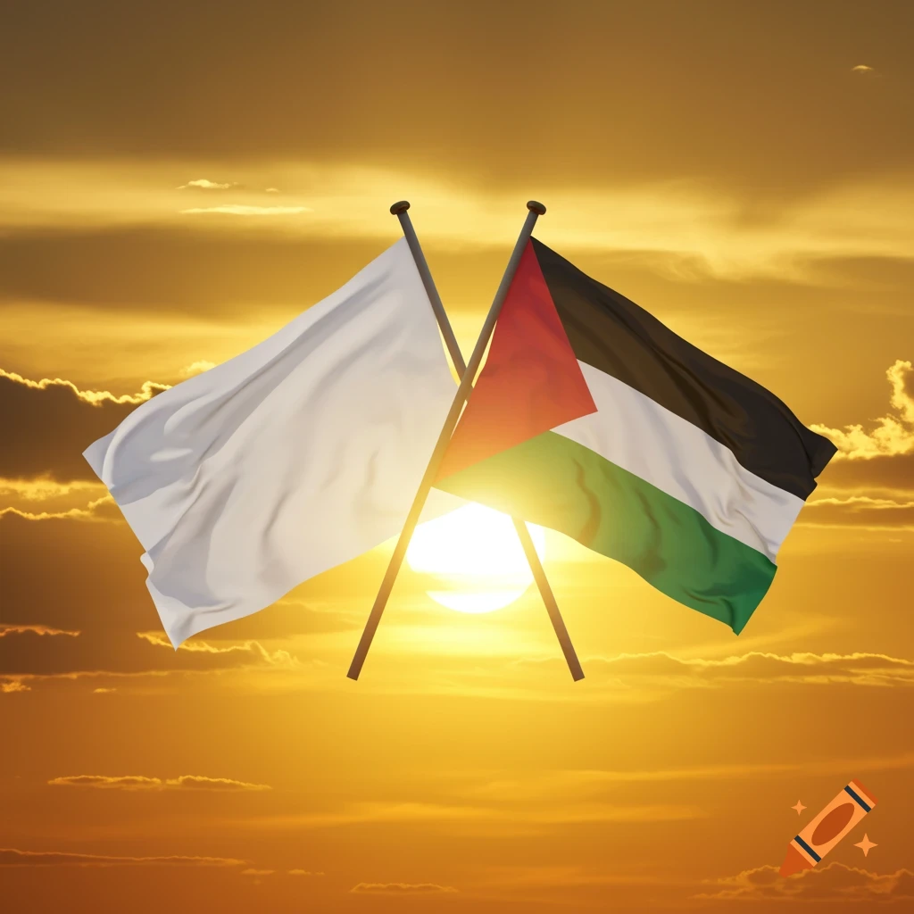 Two flags, one white and one Palestinian, cross each other against a bright sunset sky.