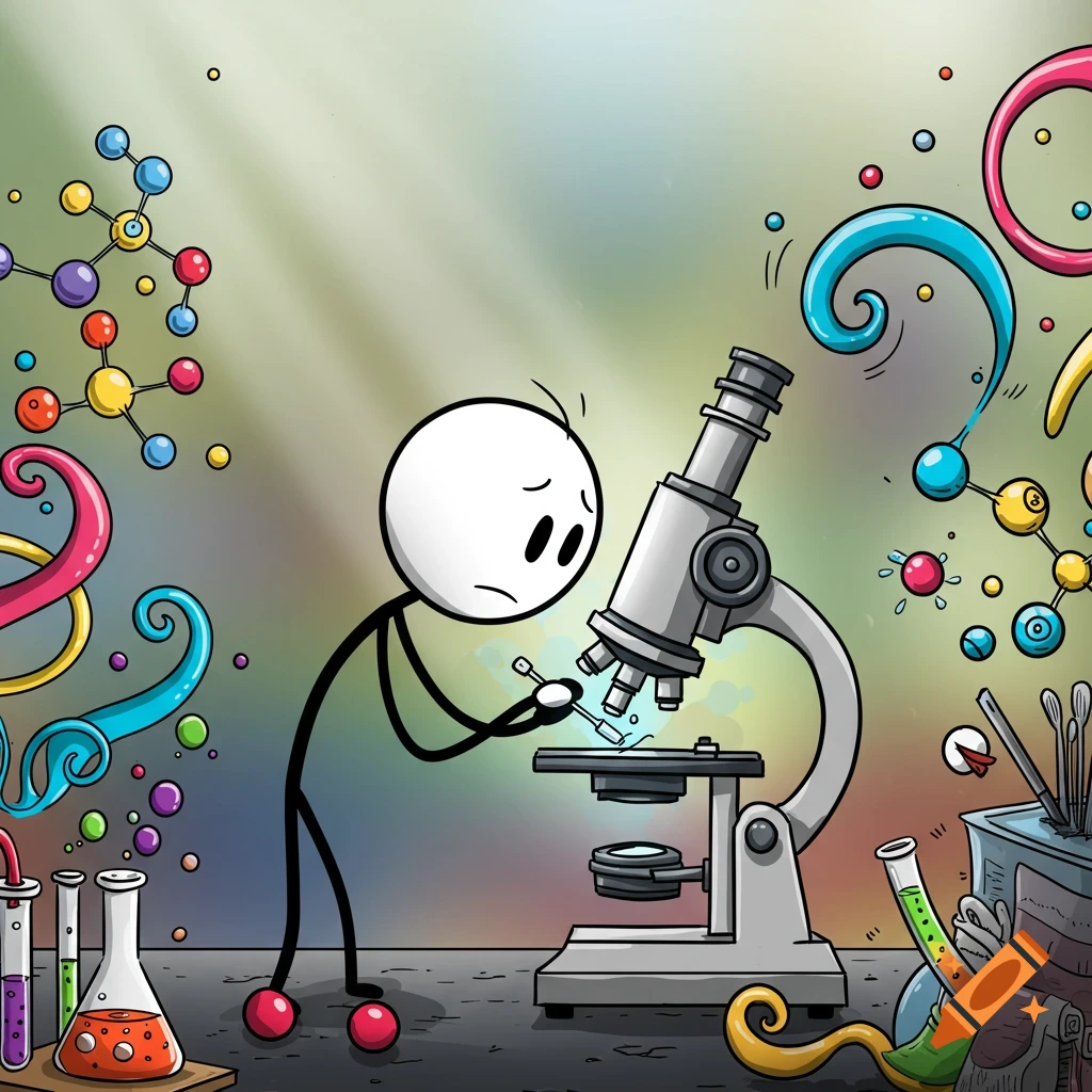 A cartoon stick figure looks worried while using a microscope in a laboratory, surrounded by colorful molecules and lab equipment.