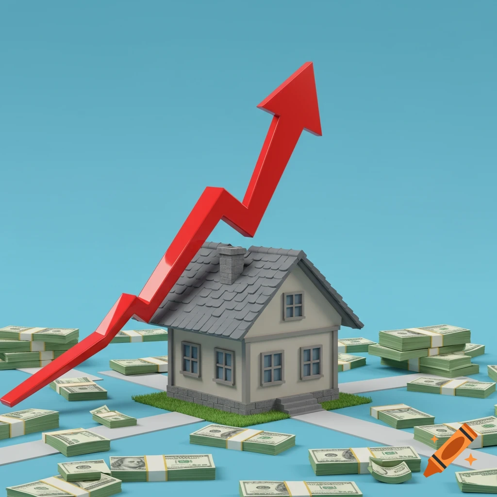 A 3D render of a small house surrounded by stacks of money, with a large red arrow rising from behind it against a blue background, symbolizing real estate growth.