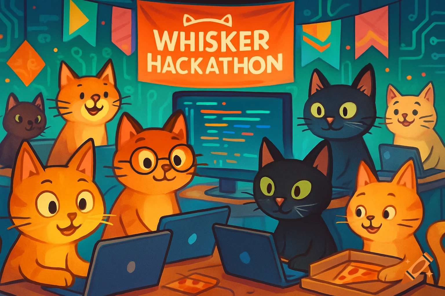 Cartoon cats attend a Whisker Hackathon, gathered around laptops and a monitor, with a banner and pizza.