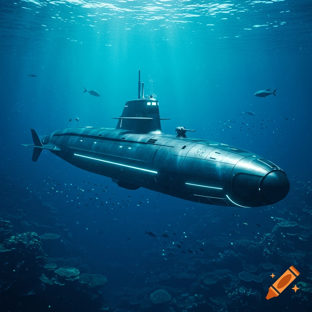 A sleek, futuristic submarine with glowing blue accents cruises through deep blue water filled with schools of fish and coral reefs, with sun rays piercing from the surface.