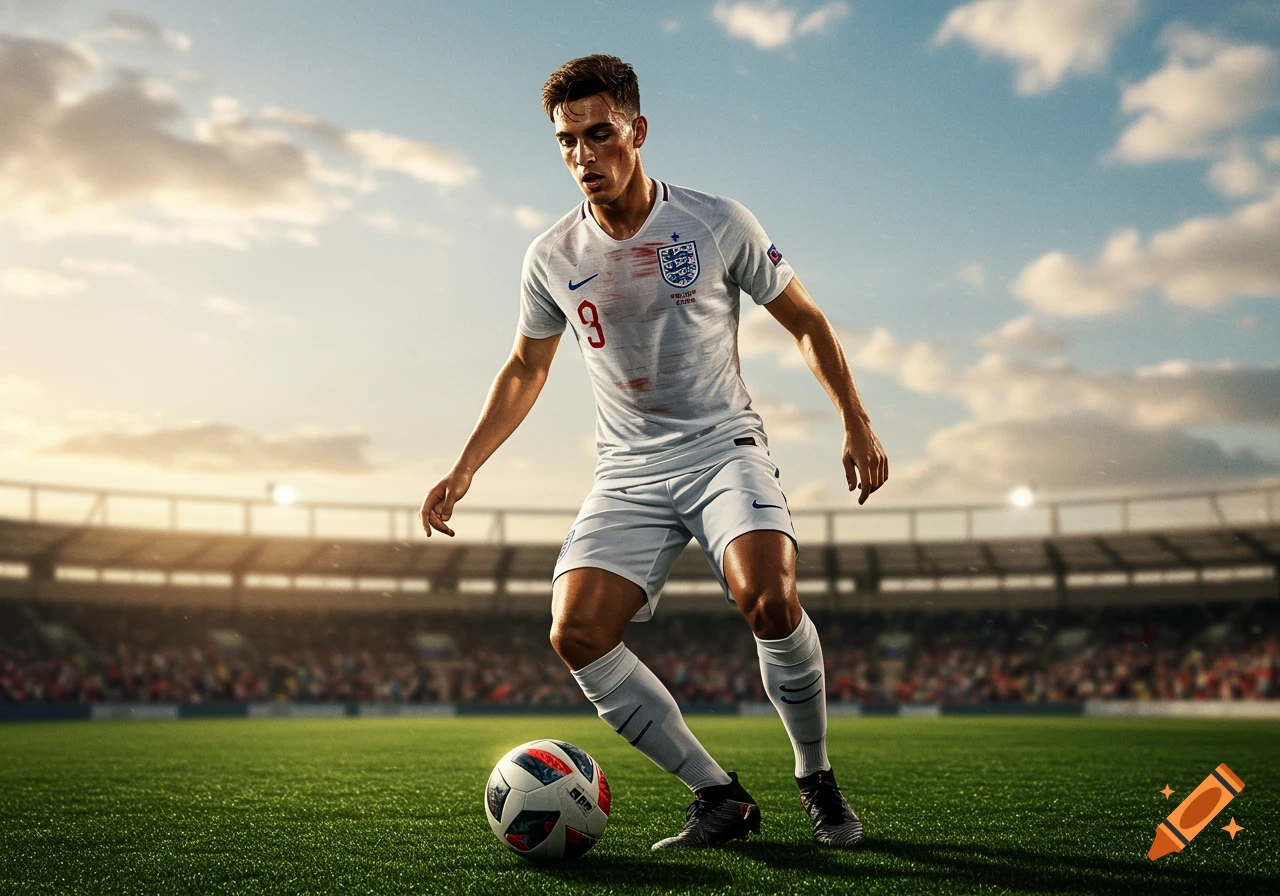 A young athletic English man in a white soccer jersey and shorts dribbles a soccer ball on a green field in a stadium under a blue sky.